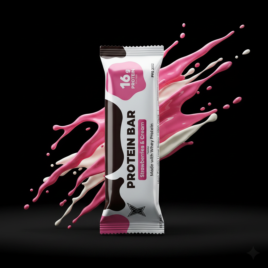 Strawberries & Cream Protein Bar - bold black background with cream drizzle