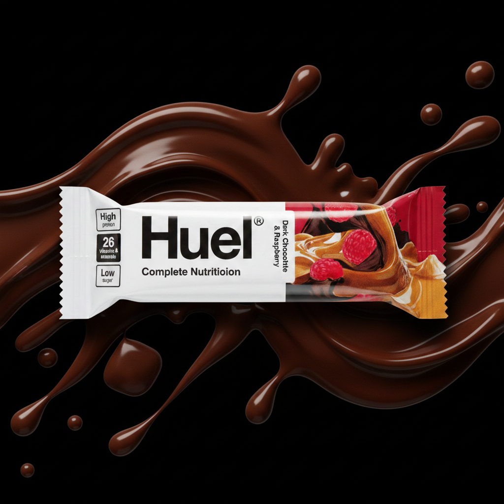 Huel Complete Nutrition Bar Dark Chocolate & Raspberry - bold black background