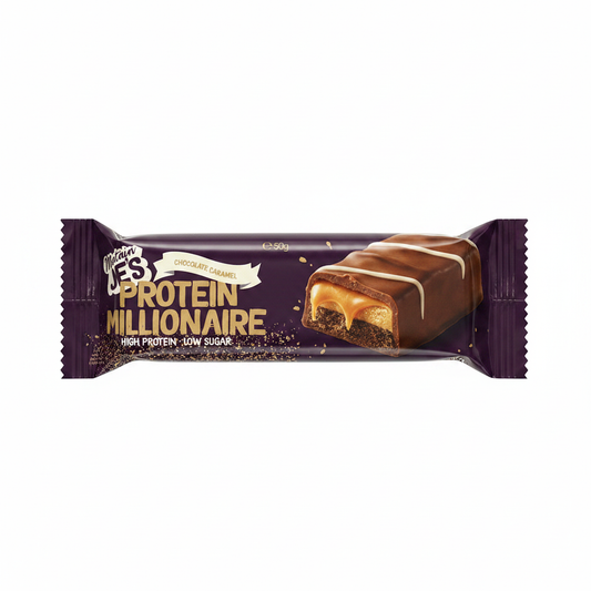 Mountain Joe's Chocolate Caramel Protein Millionaire Bar on white background
