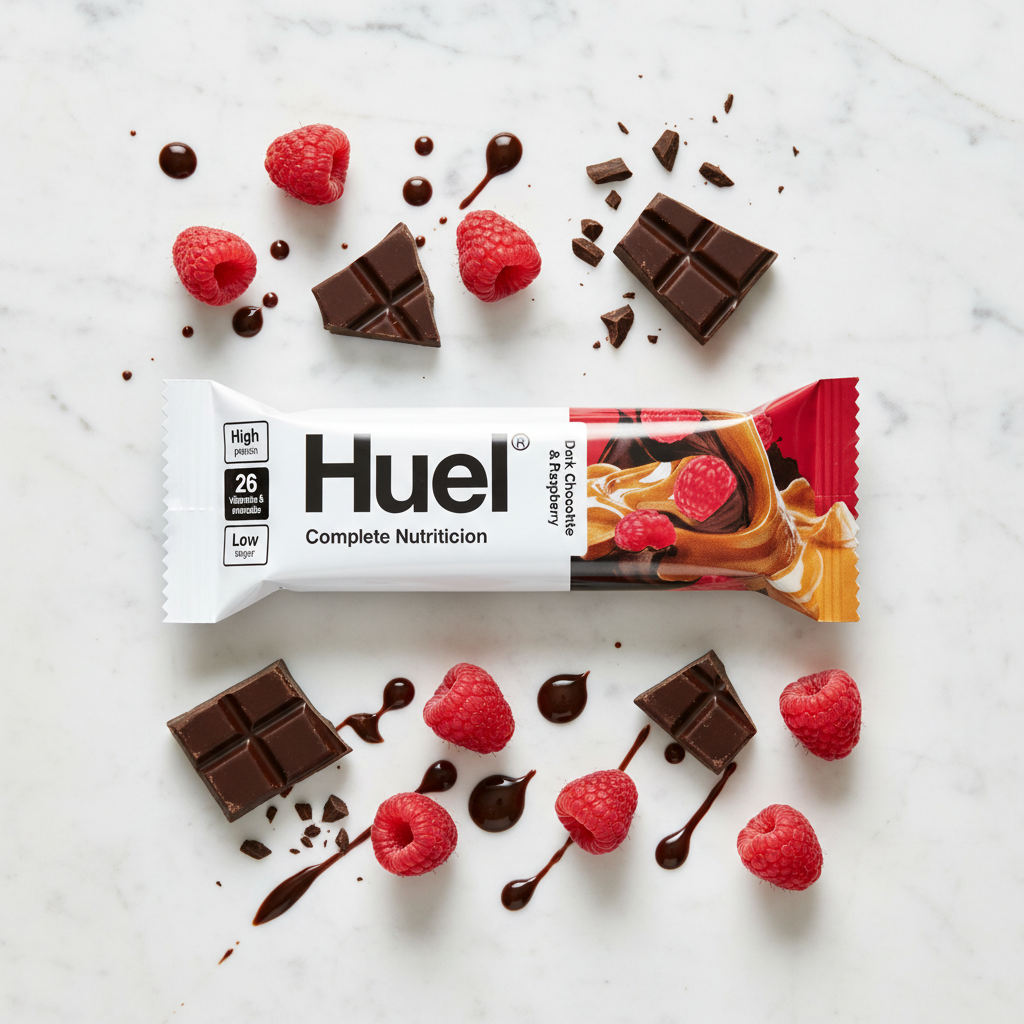 Huel Complete Nutrition Bar Dark Chocolate & Raspberry - flat lay