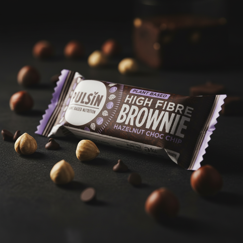 Pulsin Hazelnut Choc Chip High Fibre Brownie - dark moody