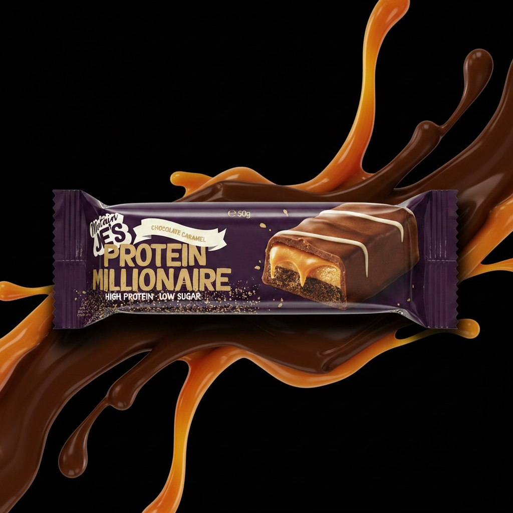 Mountain Joe's Chocolate Caramel Protein Millionaire - bold black background