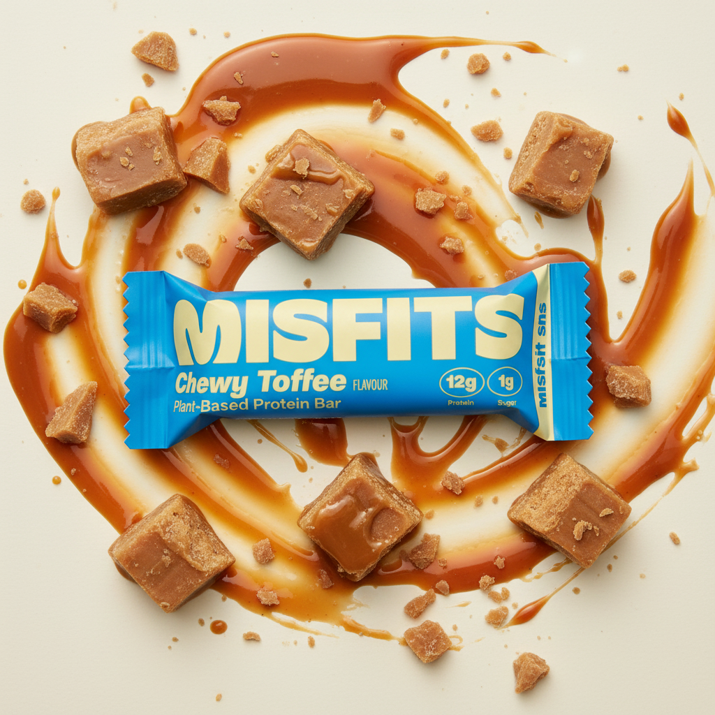 Misfits Chewy Toffee Protein Bar - flat lay