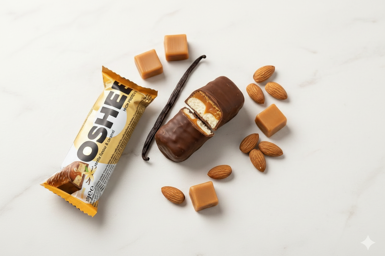 OSHEE Vanilla & Caramel Protein Bar - Lifestyle Shot