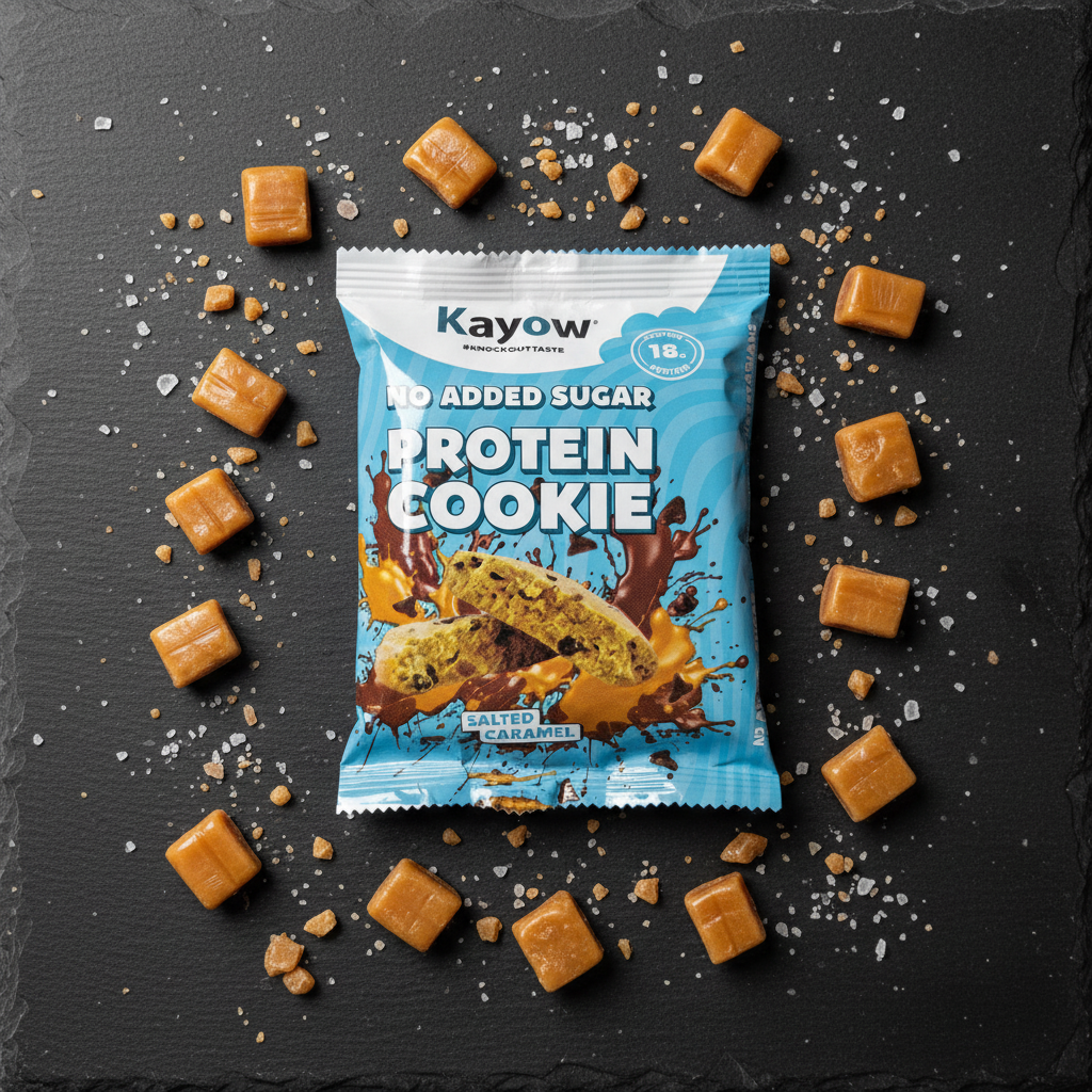 Kayow Salted Caramel Protein Cookie - flat lay with caramel and sea salt