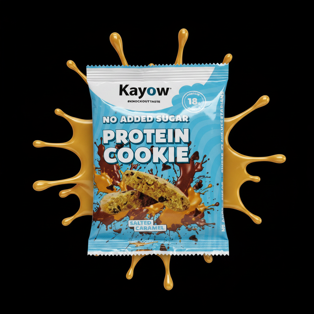 Kayow Salted Caramel Protein Cookie - bold black background with caramel drizzle