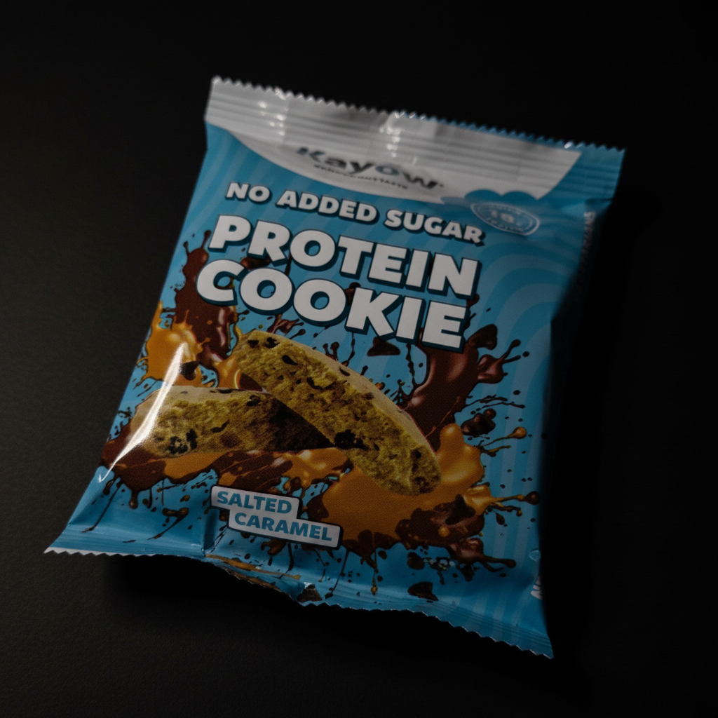 Kayow Salted Caramel Protein Cookie - dark moody close-up