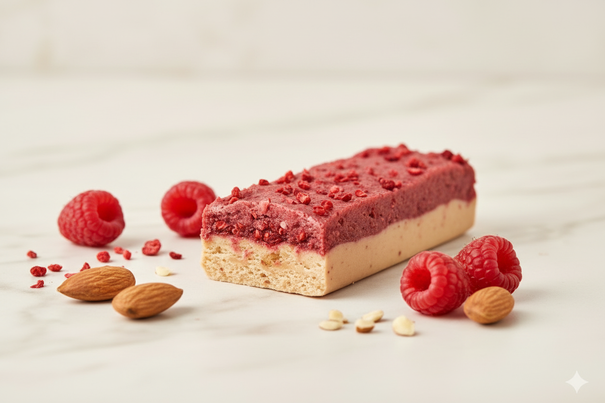 OSHEE Raspberry & Almond Protein Bar - Lifestyle Shot