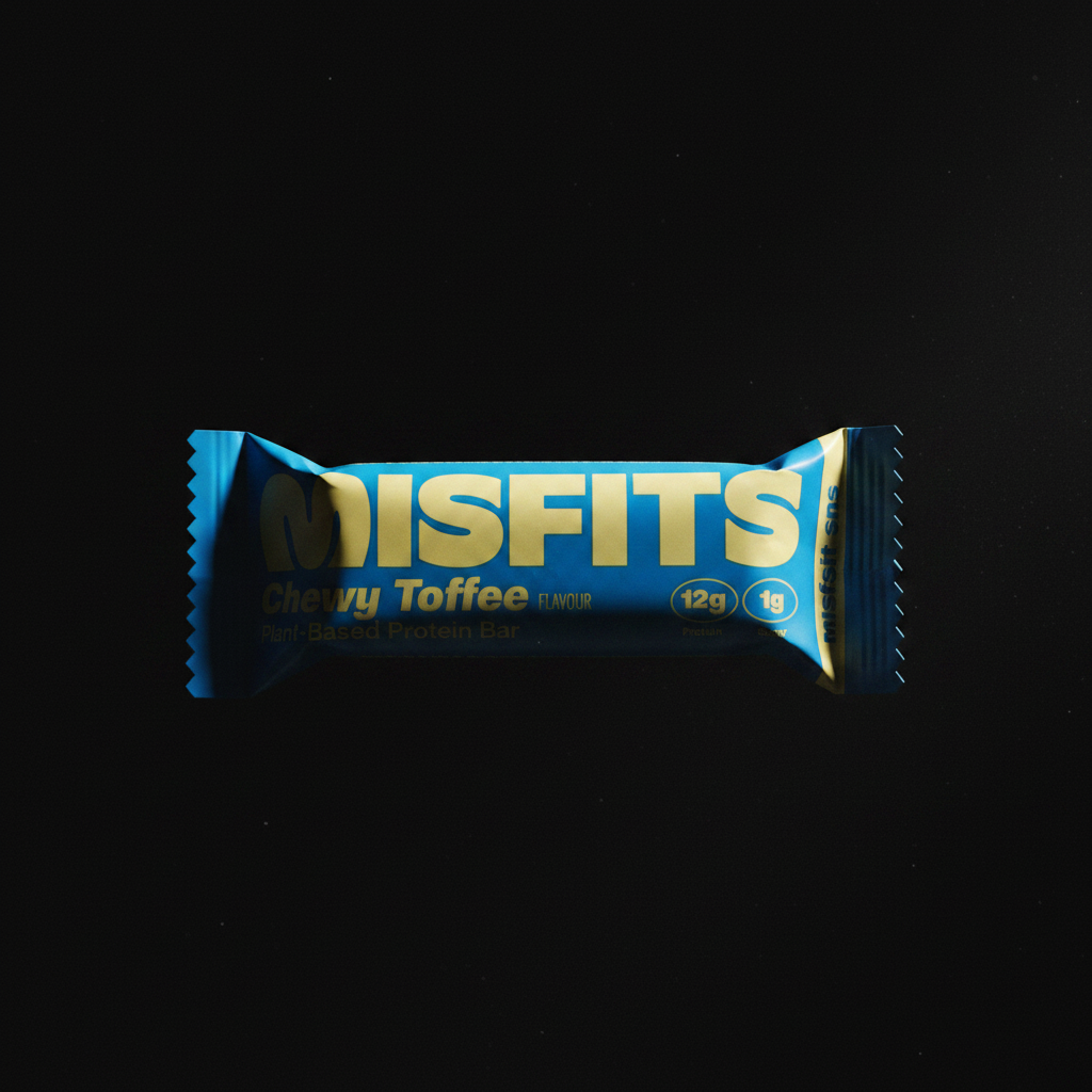 Misfits Chewy Toffee Protein Bar - dark moody
