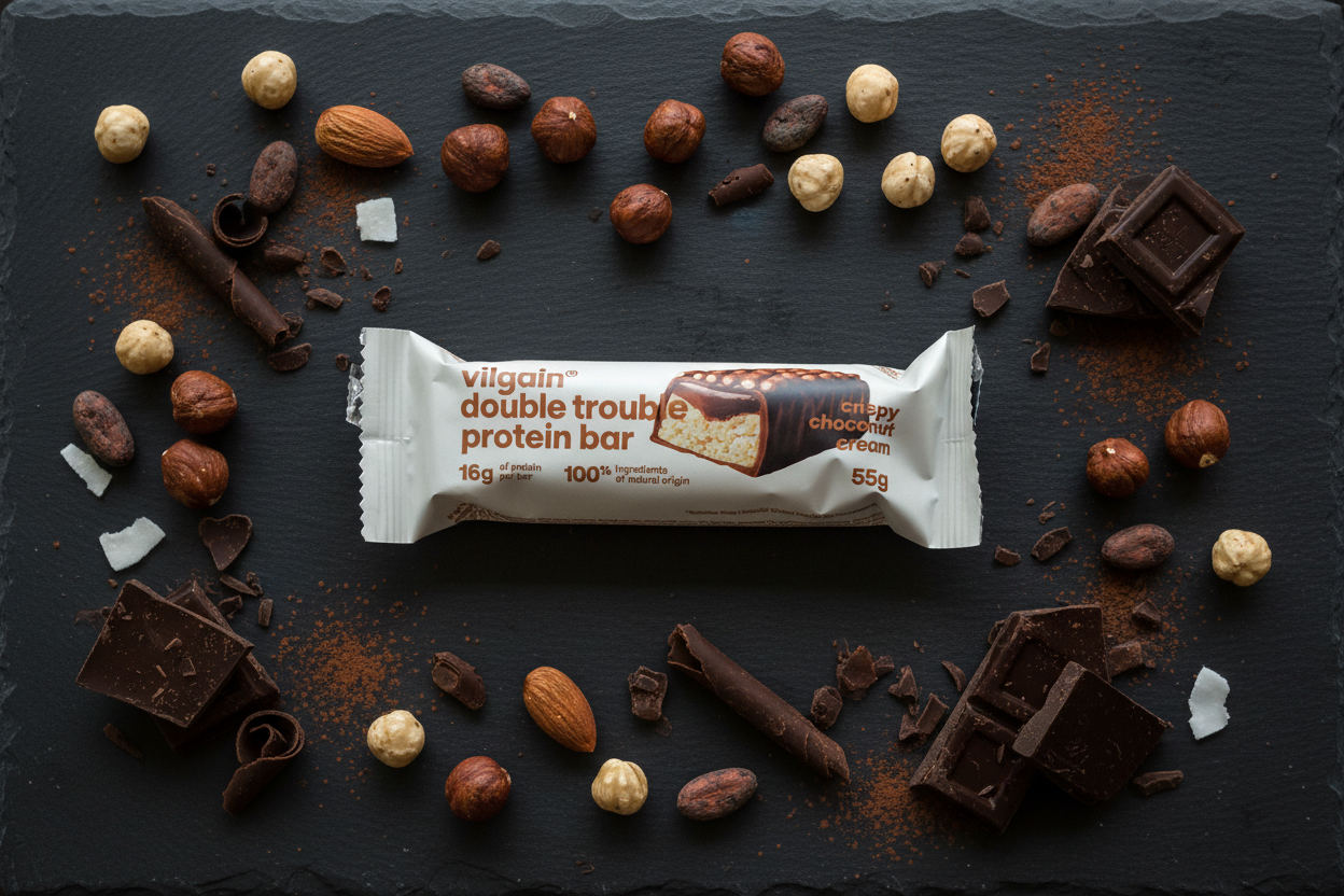 Vilgain Double Trouble Protein Bar flat lay with hazelnuts and chocolate
