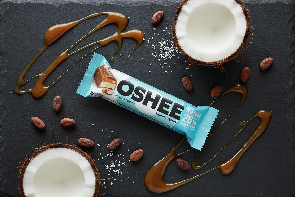 OSHEE High Protein Bar flat lay with coconut and caramel