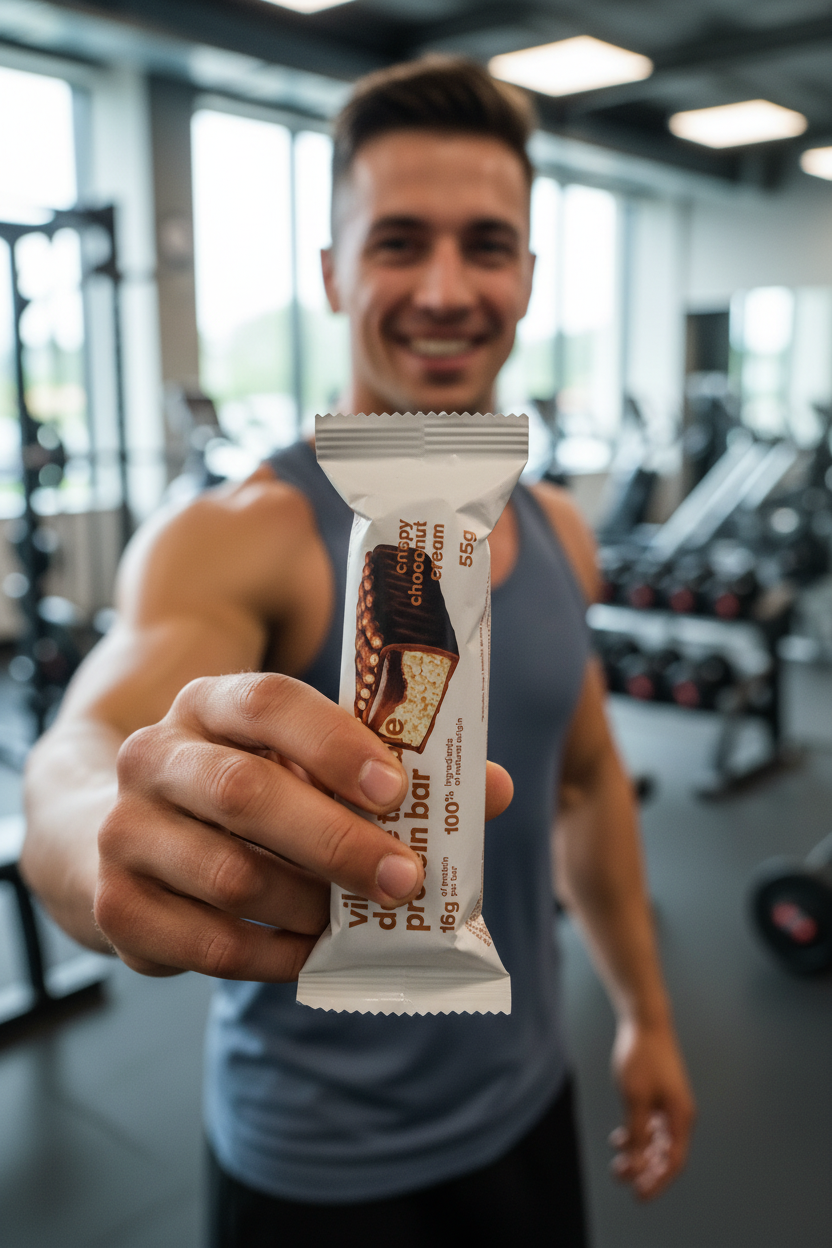 Vilgain Double Trouble Protein Bar held by athlete