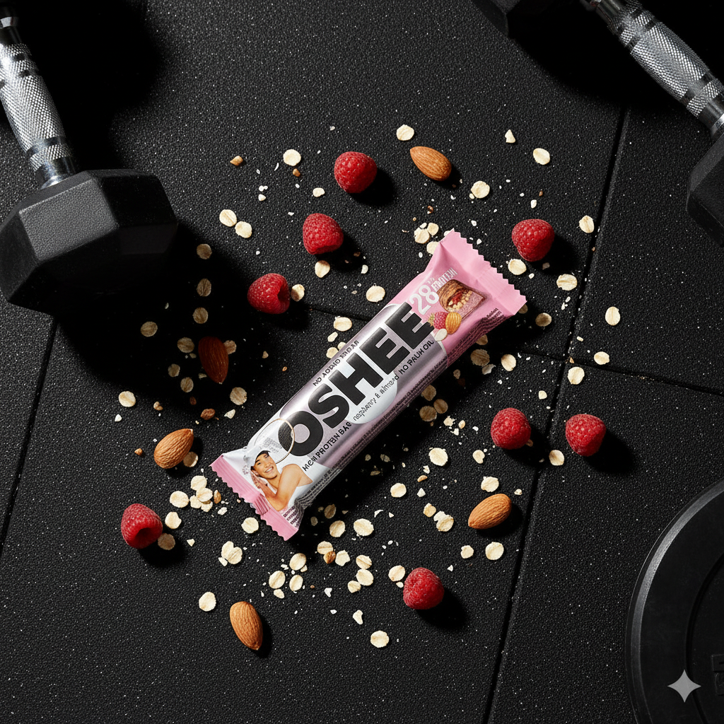 OSHEE Raspberry & Almond Protein Bar - Flat Lay Gym Shot