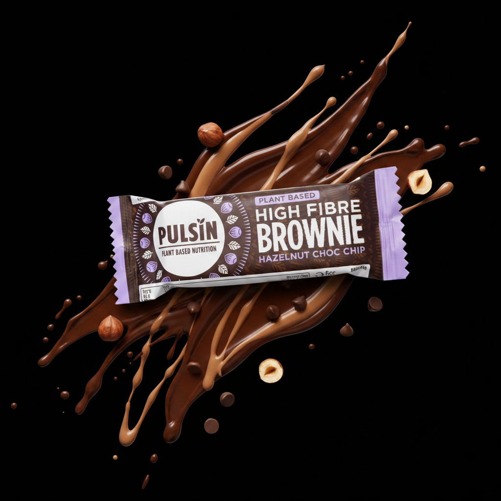 Pulsin Hazelnut Choc Chip High Fibre Brownie - bold black background
