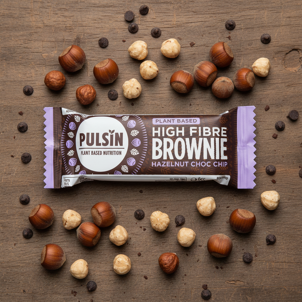 Pulsin Hazelnut Choc Chip High Fibre Brownie - flat lay