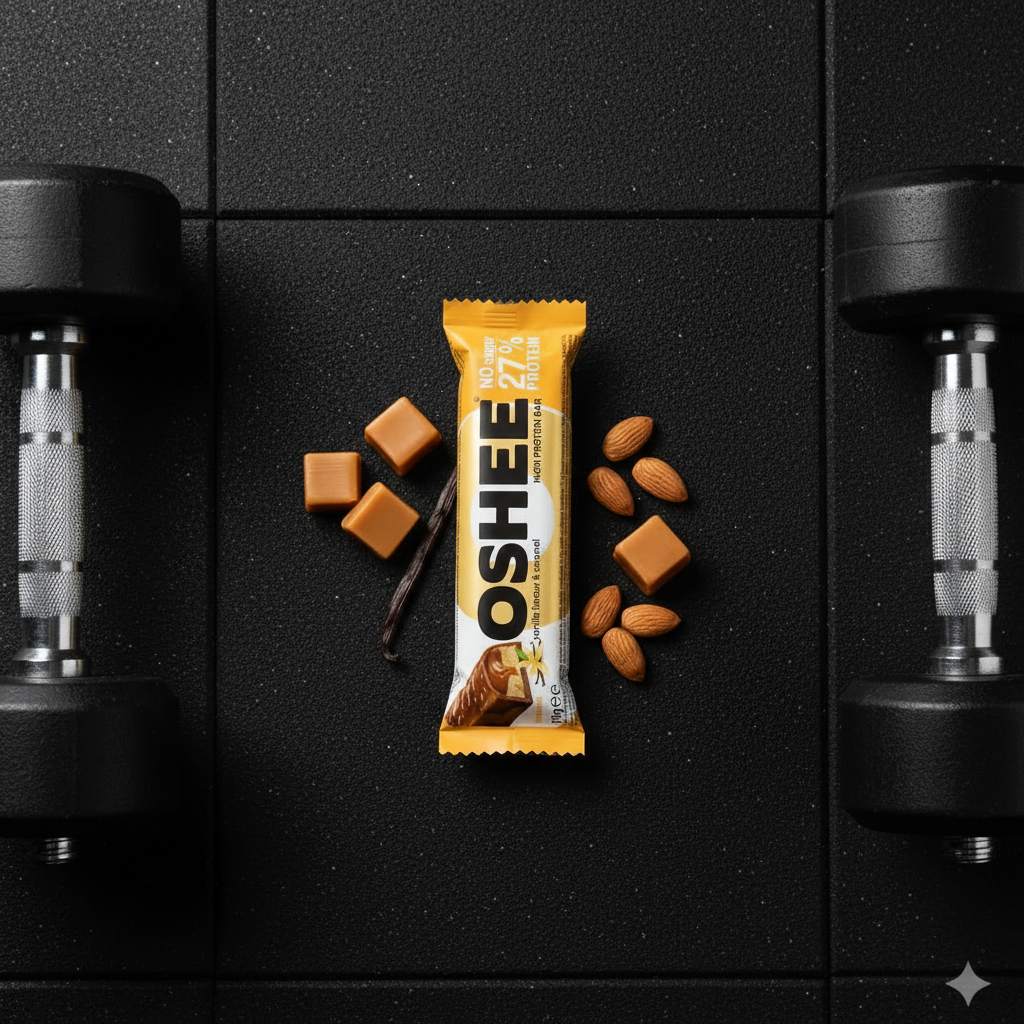 OSHEE Vanilla & Caramel Protein Bar - Flat Lay Gym Shot