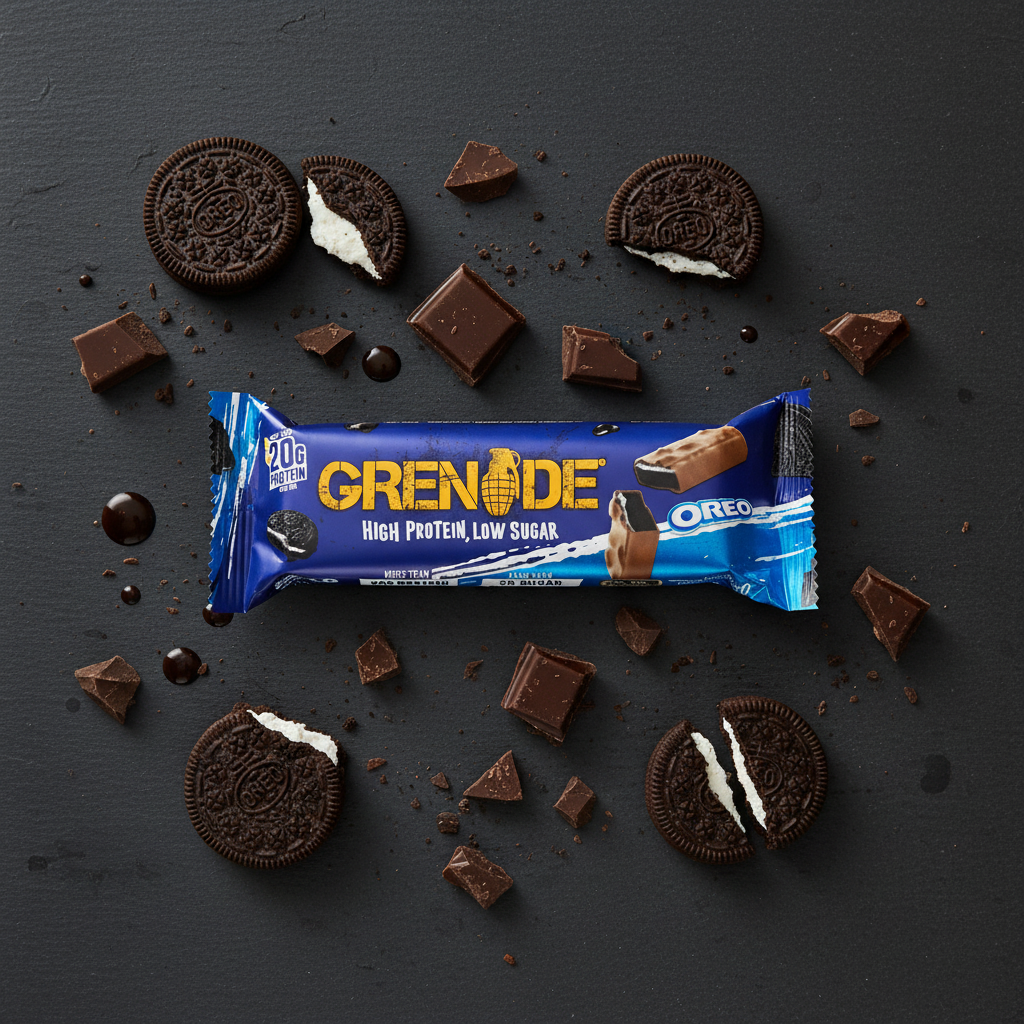 Grenade x Oreo Protein Bar - flat lay with Oreo cookies