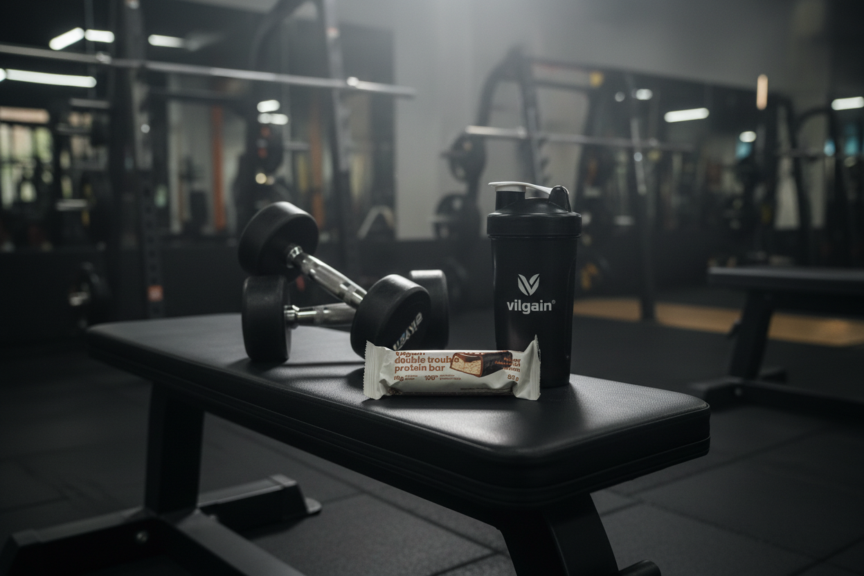 Vilgain Double Trouble Protein Bar gym lifestyle shot
