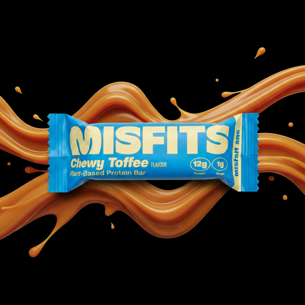 Misfits Chewy Toffee Protein Bar - bold black background